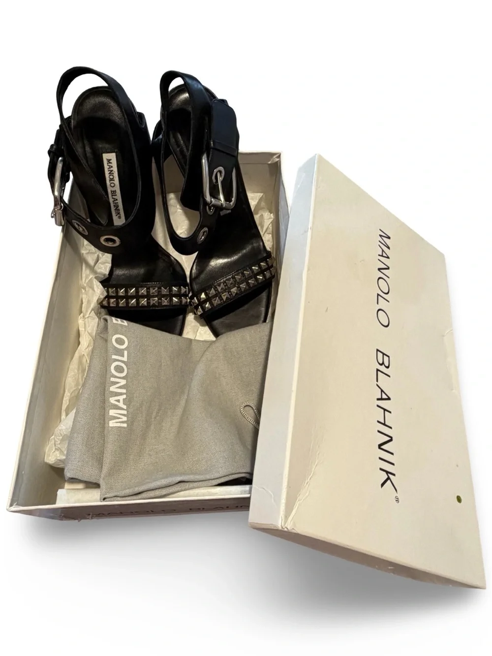 Manolo Blahnik Black Studded Leather‎ Buckle Ankle Strap Sandals, 38